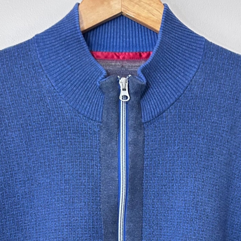 Robert Graham Full Zip Sweater Mens L Blue Textured Cotton Knit Cardigan Jacket